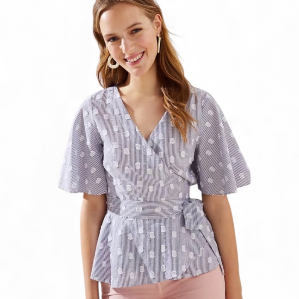 Loft Wrap Polka Dot Peplum Short Sleeve Top Women’s Size 6 White and Blue EUC